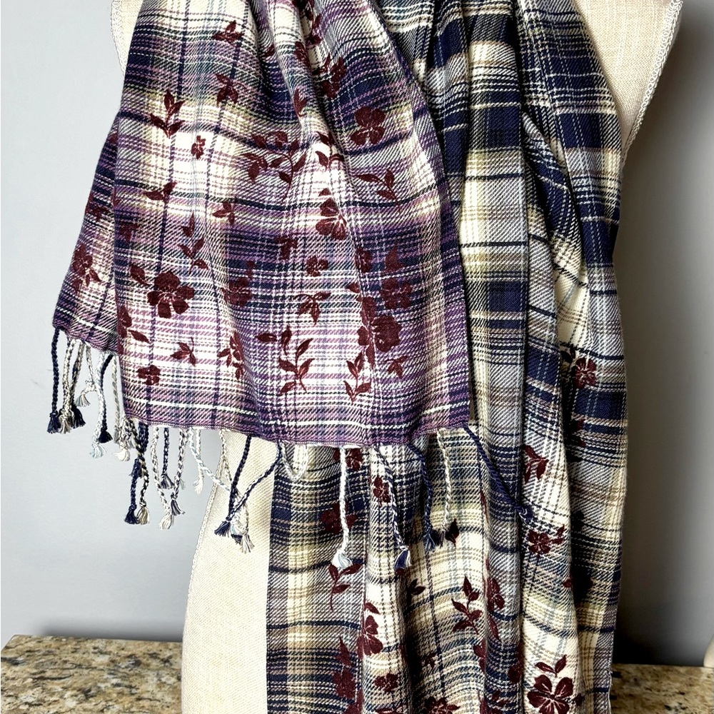 J Jill Blue and Purple Plaid Scarf with Velvet Flocked Flowers and Fringe - Picture 2 of 6
